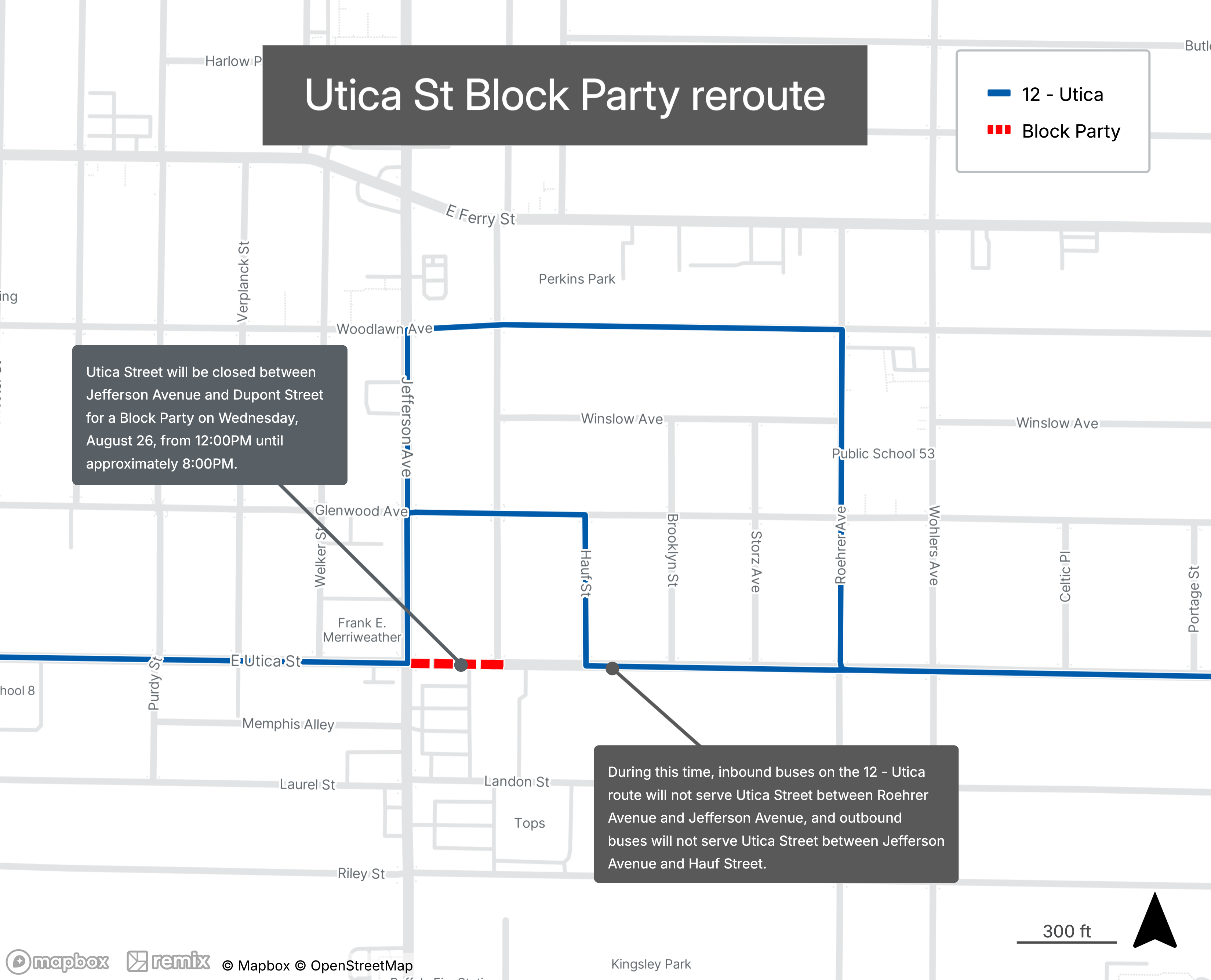 Utica St Block Party Reroute Map